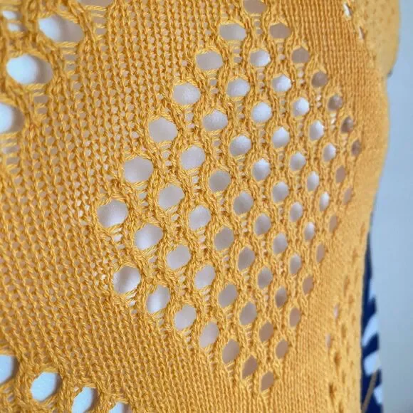 Copper Key L 100% Cotton Blue Gold Argyle Open Crochet 3/4 Sleeve Knit Cardigan - Picture 5 of 7